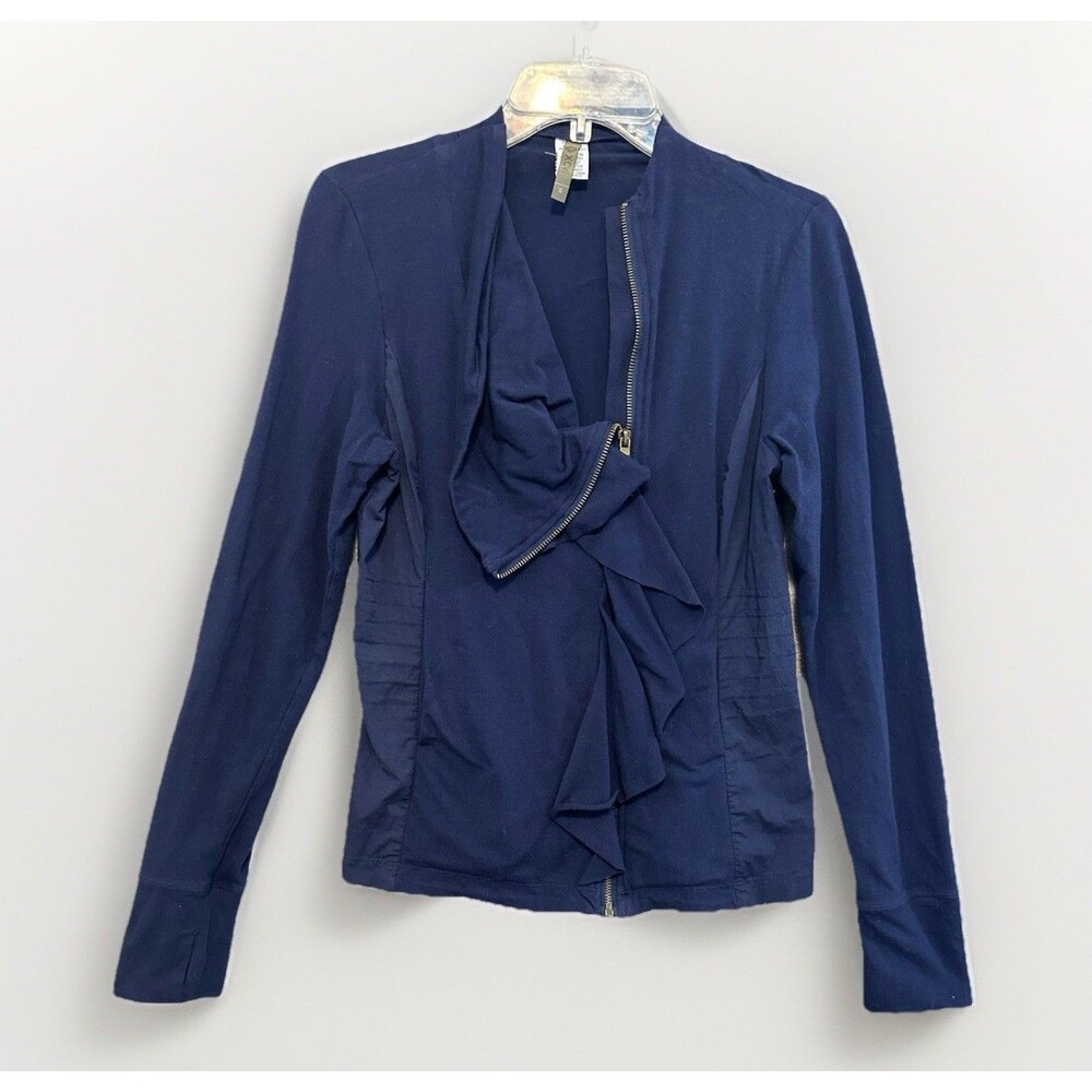 XCVI Wearables Jacket Top Sz Small Full Zip Ruffle Navy Pockets Edgy Modern Exc.